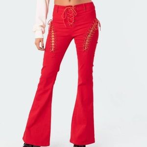 Edikted Engine Red Lace-Up Flared Jeans
